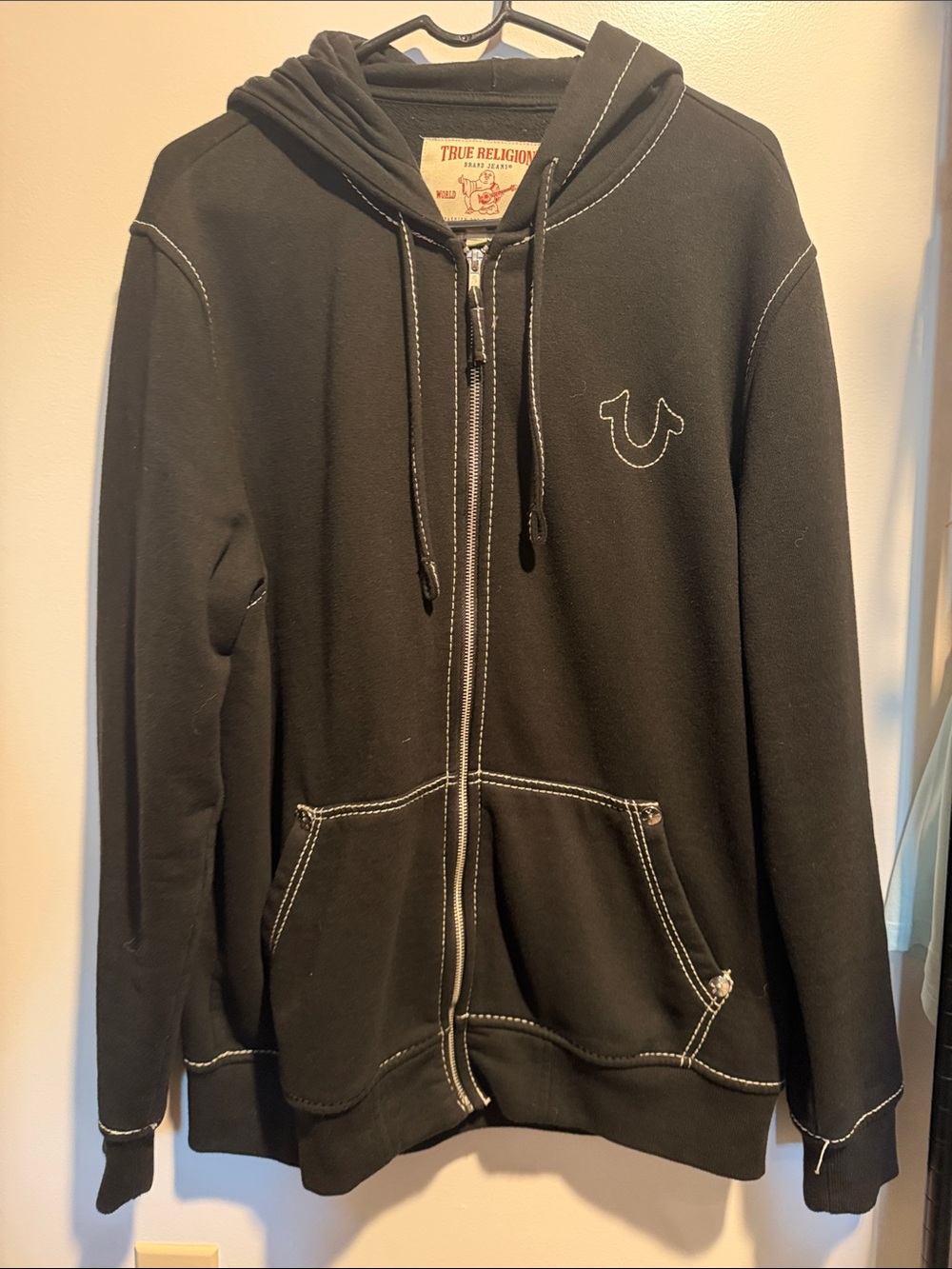 True Religion Black Zip-Up Hoodie with Contrast Stitching